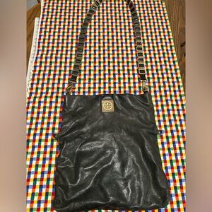 Tory Burch Dena Black Leather Foldover Convertible Crossbody Shoulder Clutch Bag